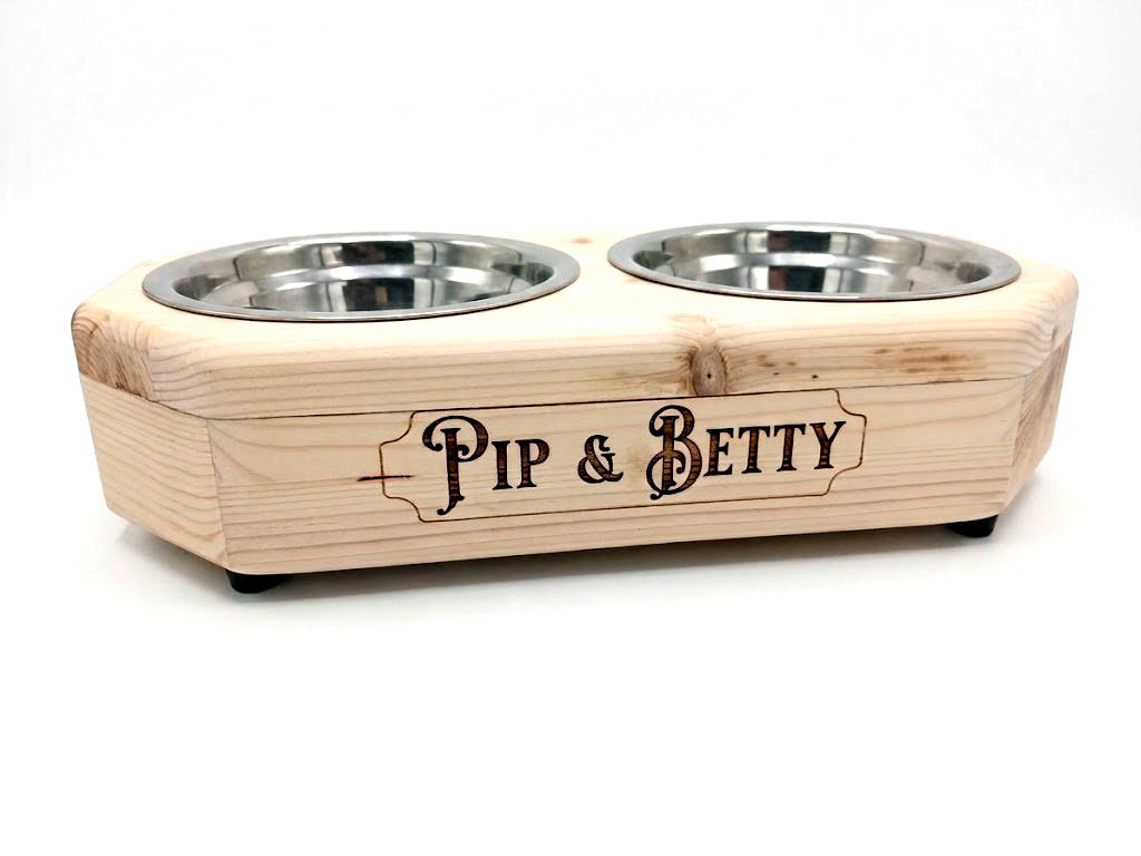 Personalised Micro & Teacup Raised Double Dog Bowl Stand | Unique Elongated Octagon | Moon Groves
