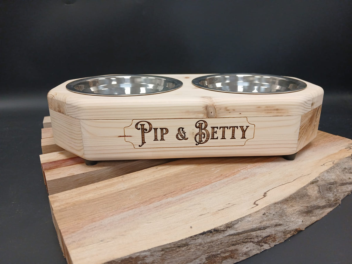 Personalised Micro & Teacup Raised Double Dog Bowl Stand | Unique Elongated Octagon | Moon Groves