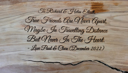 Personalised charcuterie board showing wood grain and engraving detail – Moon Groves Devon UK