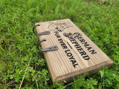 Personalised wooden dog lead hanger side profile – laser engraved German Shepherd design, Moon Groves Devon