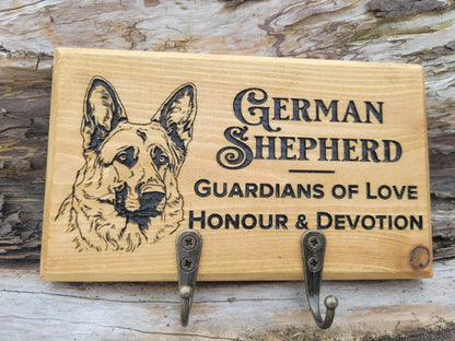 Personalised Solid Wood Dog Lead Hanger - Custom Laser Engraved German Shepherd Design | Handmade in Devon UK