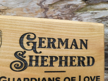 Solid wood dog lead hanger showing engraved German Shepherd detail – Moon Groves handmade Devon UK