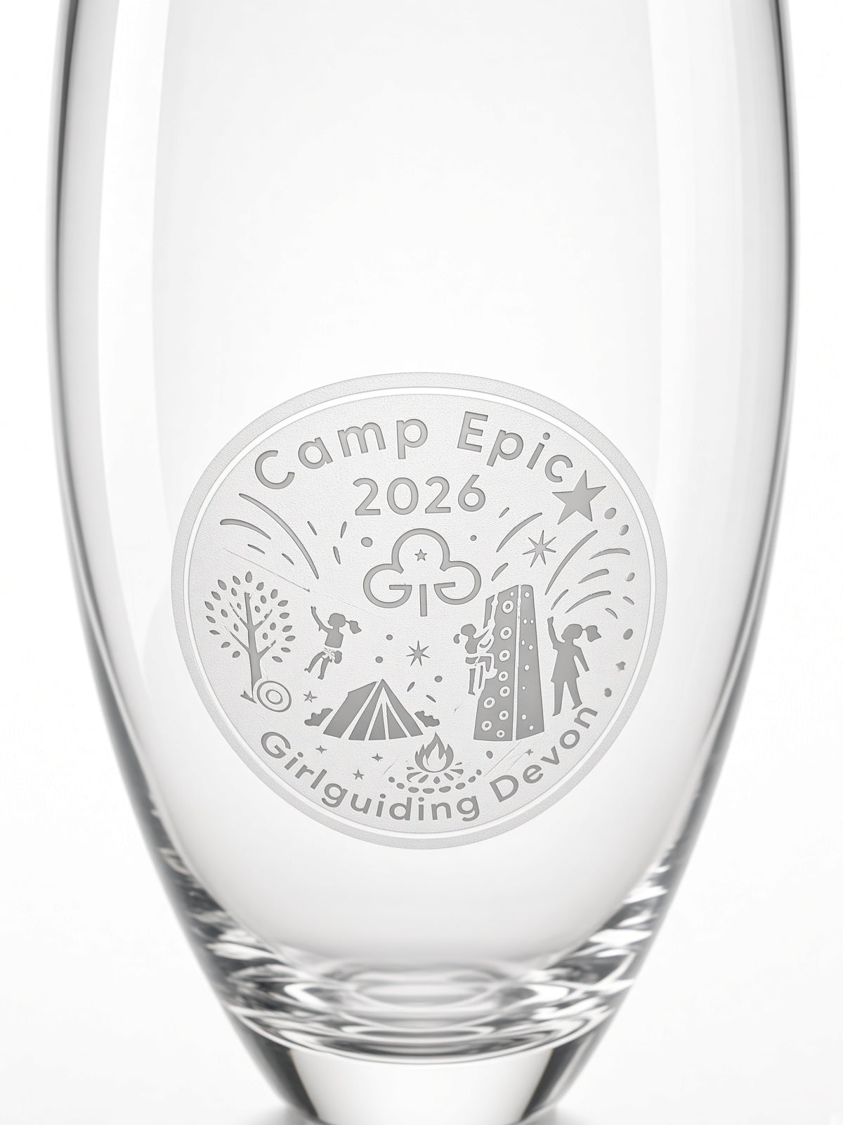 Personalised glass engraving close-up, frosted laser logo on clear glass, Moon Groves