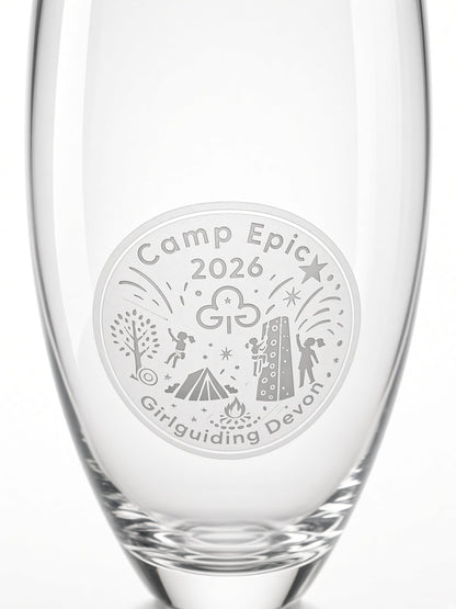 Personalised glass engraving close-up, frosted laser logo on clear glass, Moon Groves