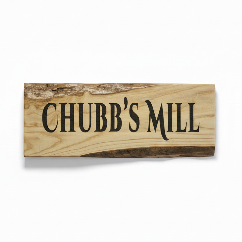 Personalised oak gate sign Chubbs Mill, white background, Ivybridge Devon, Moon Groves