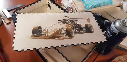 Personalised wooden keepsake box Ivybridge Devon | Moon Groves — racing car lid example job