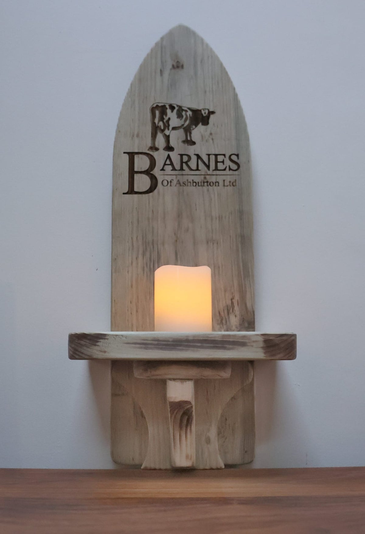 Personalised wooden wall candle sconce with gothic arch, handmade in Ivybridge Devon