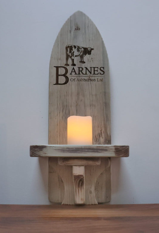 Personalised wooden wall candle sconce with gothic arch, handmade in Ivybridge Devon