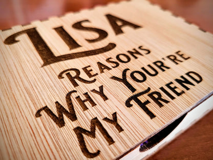 Personalised friendship gift box open showing sliding drawer interior – laser engraved keepsake Devon UK