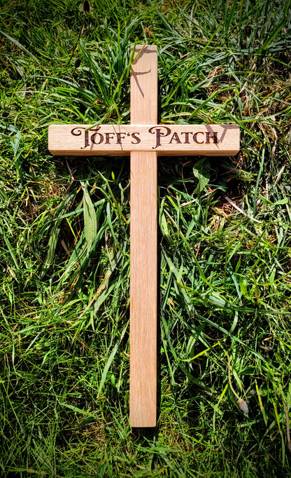 Wooden pet memorial marker showing natural timber grain – Moon Groves handmade Devon UK