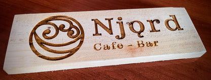 Bespoke custom laser engraved logo sign on wood – business branding by Moon Groves, Devon UK