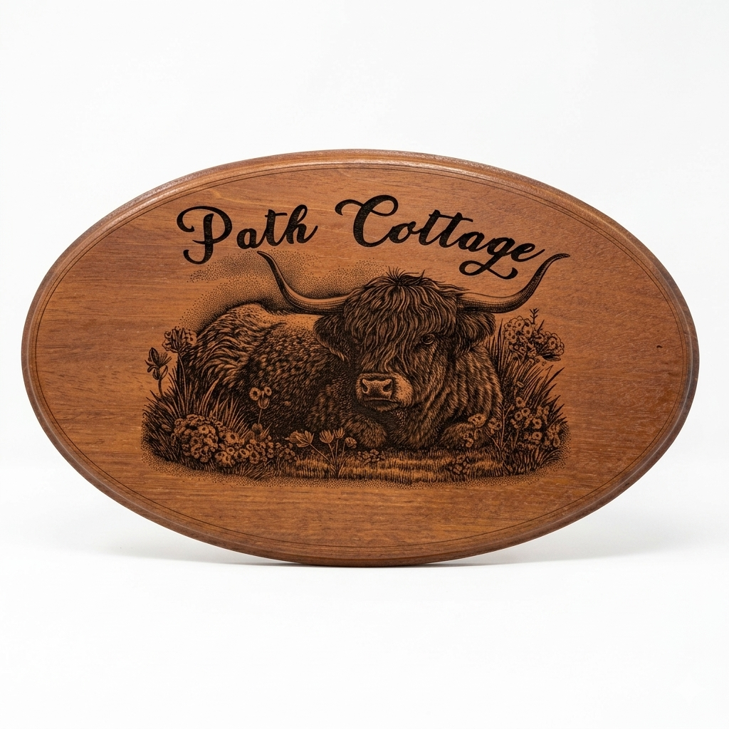 Personalised laser engraved oval Highland Cow house sign handcrafted in mahogany – custom cottage name in script with wildflower illustration, Moon Groves UK