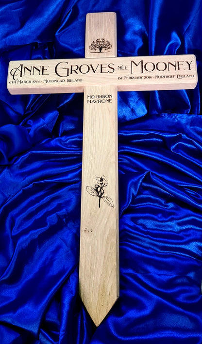 Personalised wooden cross grave marker – custom laser engraved memorial plaque handmade in Devon UK by Moon Groves