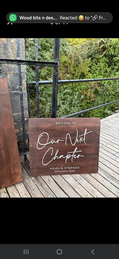 Dark oak wedding sign with raised white text, personalised and handmade in Devon by Moon Groves