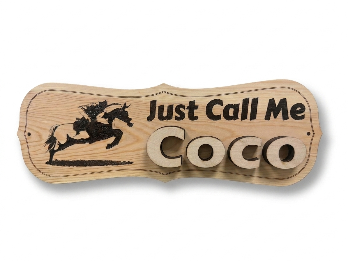 Close-up of laser engraving on personalised horse stable name sign – Moon Groves Devon UK