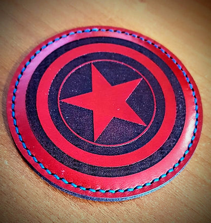 Custom engraved leather coasters showing full set of 4 – personalised gift handmade in Devon UK