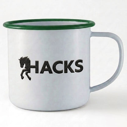 Engraved enamel mug showing laser etch detail, Moon Groves