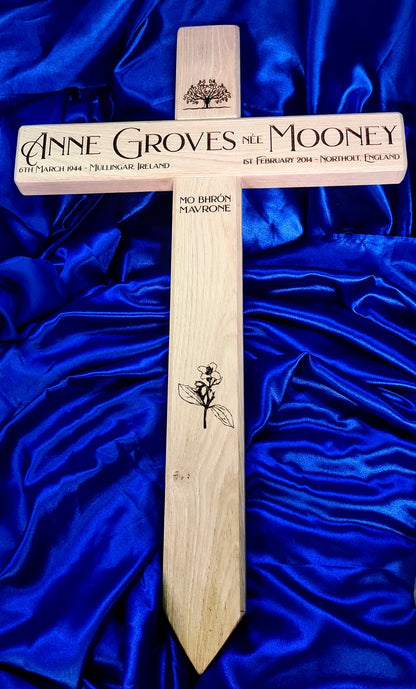 Close-up of laser engraving on wooden cross memorial marker – Moon Groves Devon UK