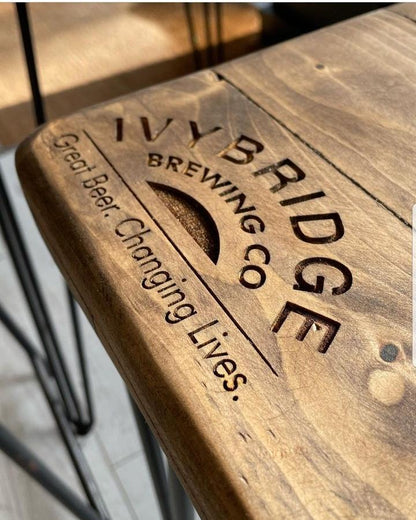 Bespoke laser engraved wooden logo sign alternate angle – business branding handmade in Devon UK