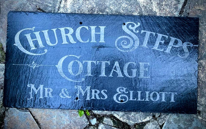 Personalised reclaimed slate house sign – custom laser engraved by Moon Groves, Devon UK