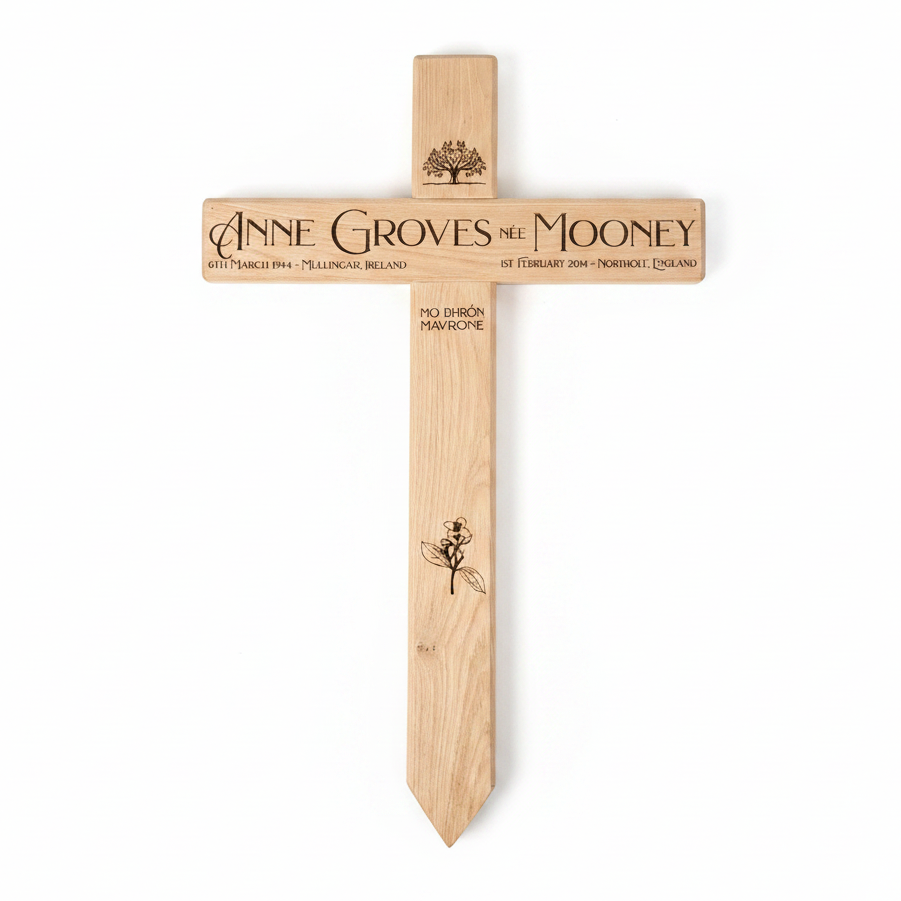 Personalised wooden cross grave marker on a white background – laser engraved memorial, Moon Groves Devon UK