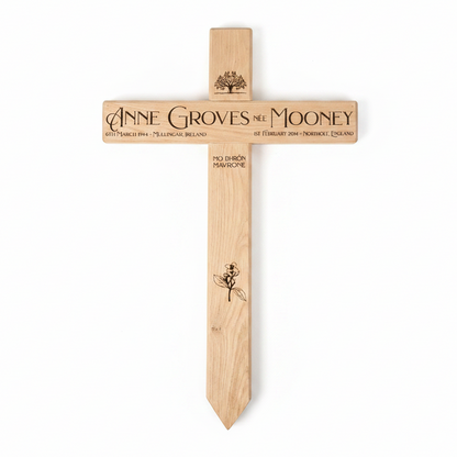 Personalised wooden cross grave marker on a white background – laser engraved memorial, Moon Groves Devon UK