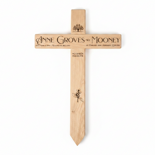 Personalised wooden cross grave marker on a white background – laser engraved memorial, Moon Groves Devon UK