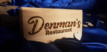 Bespoke custom laser engraved logo sign on wood – business branding by Moon Groves, Devon UK
