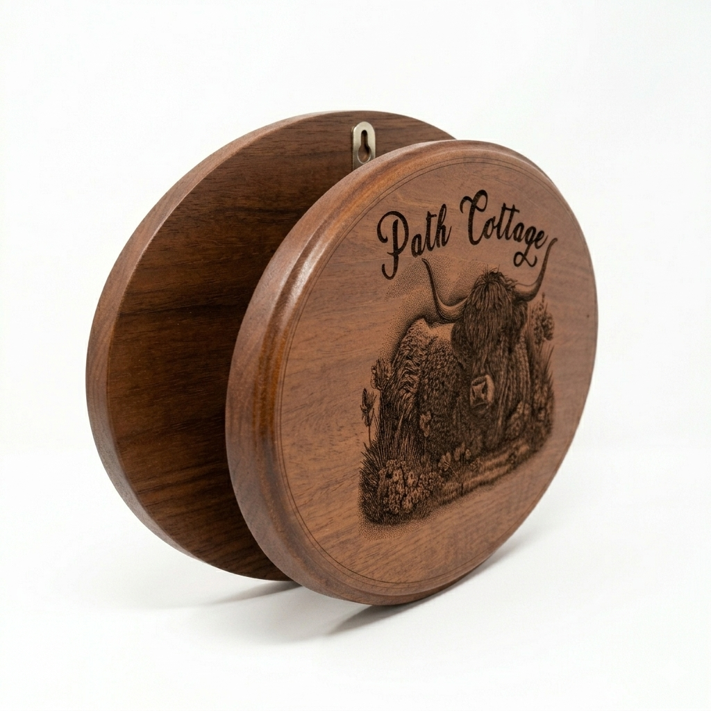 Reverse of personalised Highland Cow house sign showing pre-fitted hanging hook for easy wall or gate mounting – Moon Groves handmade UK