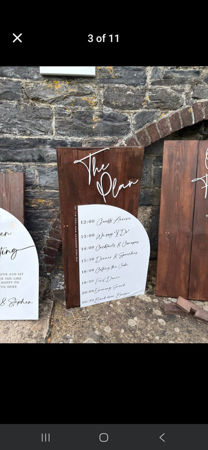 Dark oak wedding sign personalised with names and date, handmade to order in Devon by Moon Groves