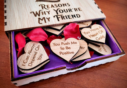 Close-up of laser engraving on friendship gift box lid – handmade wooden keepsake in Devon UK