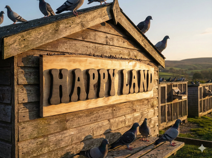Personalised racing pigeon loft sign on live edge Lebanese Cypress – close-up detail of laser engraving, Devon UK