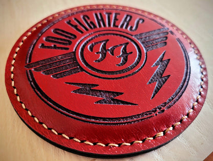 Personalised leather coasters detail view – laser engraved custom design by Moon Groves Devon UK
