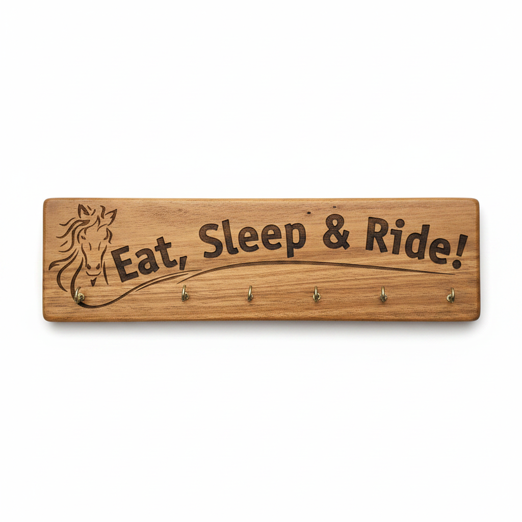 Personalised horse medal hanger and keyring holder in solid wood, laser engraved, handmade in Devon by Moon Groves