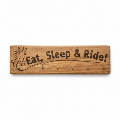 Personalised horse medal hanger and keyring holder in solid wood, laser engraved, handmade in Devon by Moon Groves