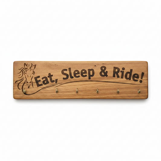 Personalised horse medal hanger and keyring holder in solid wood, laser engraved, handmade in Devon by Moon Groves