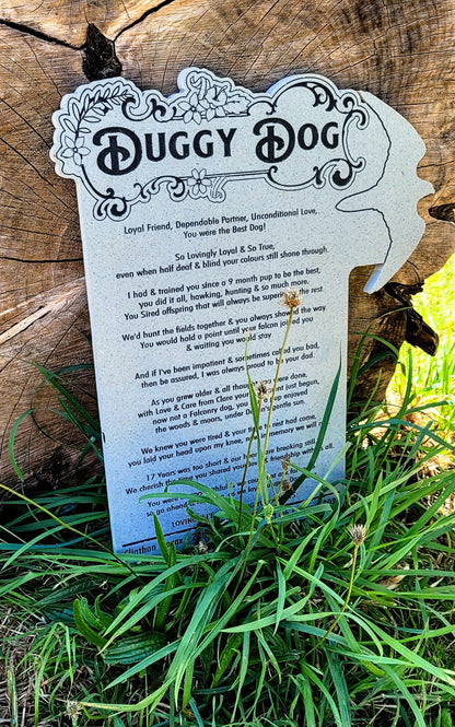 Pet memorial plaque in situ – personalised laser engraved wooden tribute handmade in Devon UK