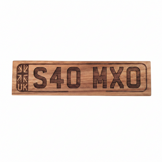 Personalised wooden vanity plate, car number plate style, on a white background – Moon Groves, Devon UK