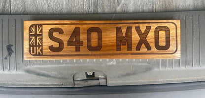 Personalised wooden vanity plate close-up of engraved number plate design – Moon Groves Devon UK