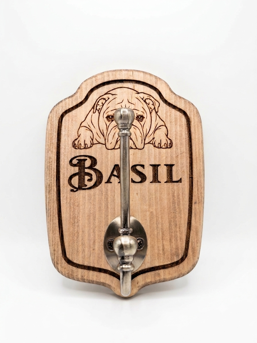 Personalised dog lead and collar wall hook in Scandinavian redwood, handmade in Devon