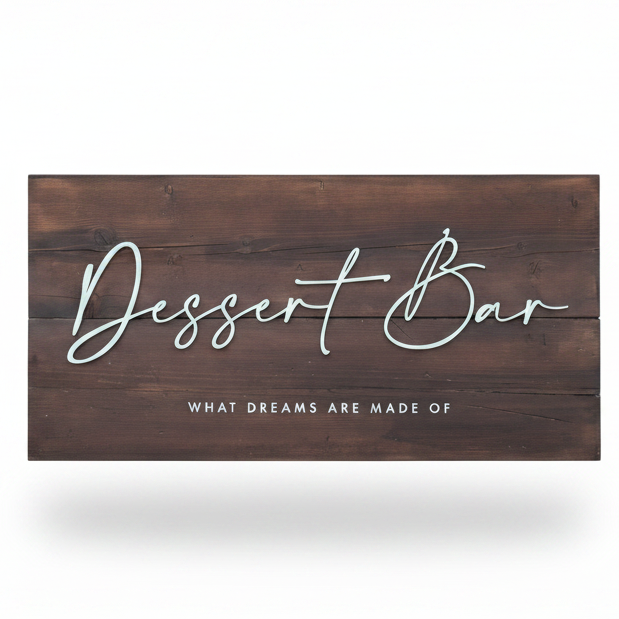 Personalised dark oak wedding sign with 3D raised white text on a white background, handmade to order in Devon by Moon Groves