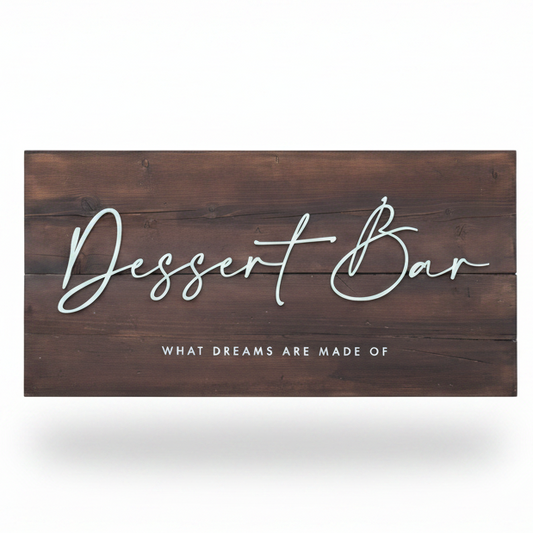 Personalised dark oak wedding sign with 3D raised white text on a white background, handmade to order in Devon by Moon Groves