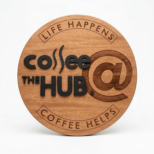 Bespoke 3D round wooden commercial sign handcrafted from Scandinavian Redwood with raised lettering and laser engraving – Moon Groves UK