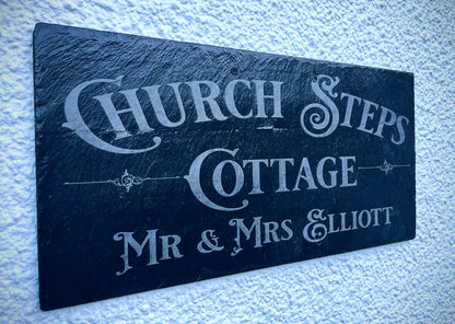 Personalised reclaimed slate house sign alternate view – custom laser engraved in Devon UK