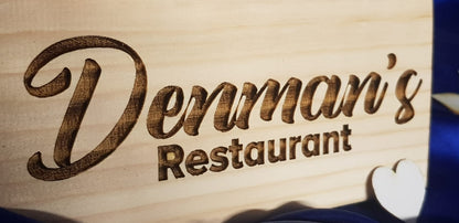 Bespoke custom laser engraved logo sign on wood – business branding by Moon Groves, Devon UK