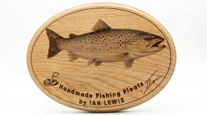 Personalised sea trout trophy display plaque handcrafted from white oak with decoupage artwork and laser engraving – MoonGroves fishing gift
