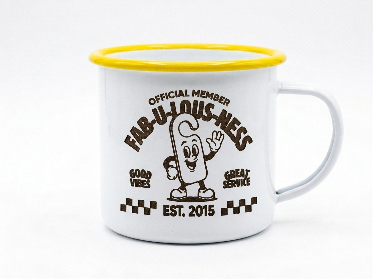 Laser engraved enamel mug with logo or message, Moon Groves, MoonGroves.com