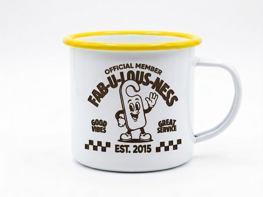 Laser engraved enamel mug with logo or message, Moon Groves, MoonGroves.com