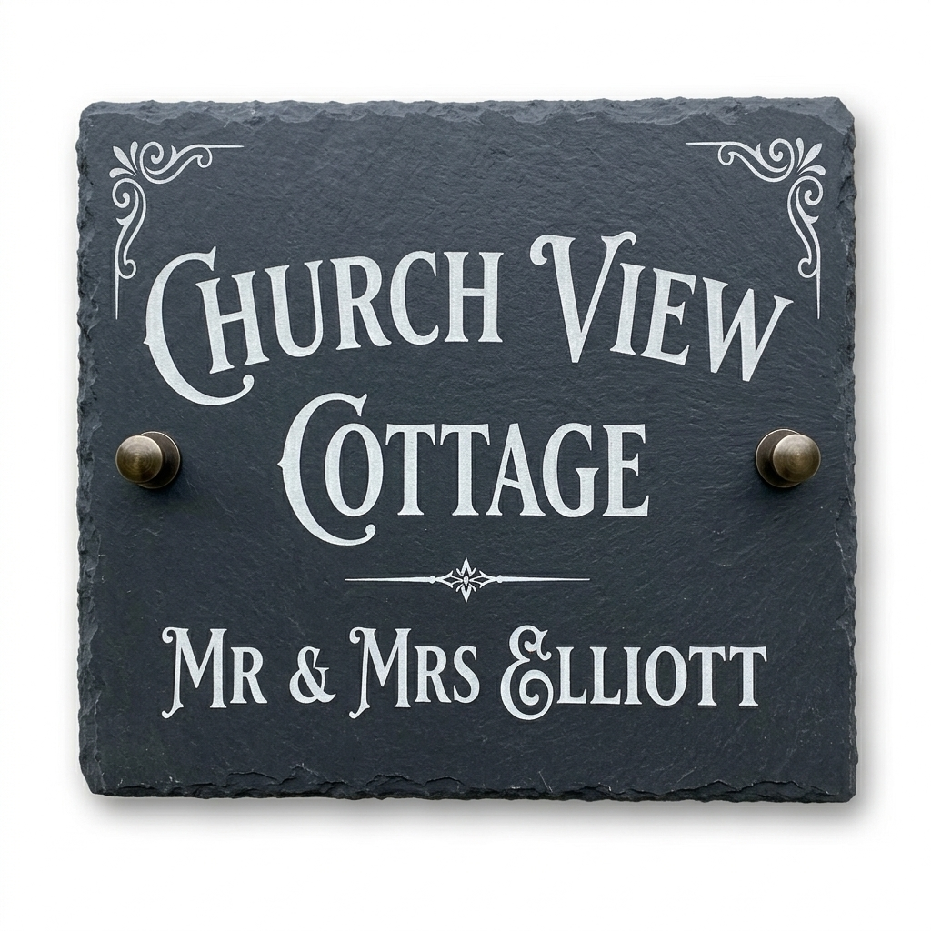 Personalised reclaimed slate house sign on a white background – custom laser engraved, Moon Groves Devon UK