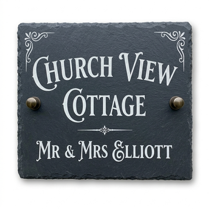 Personalised reclaimed slate house sign on a white background – custom laser engraved, Moon Groves Devon UK